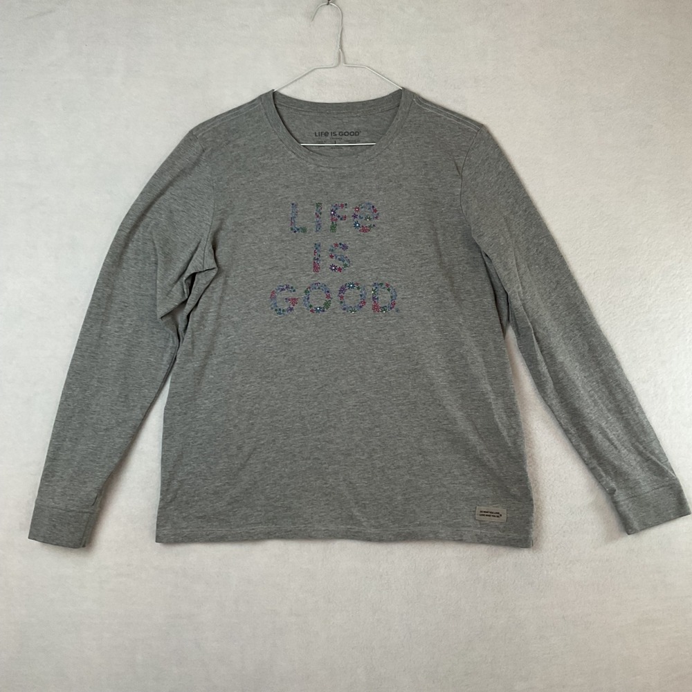 Life is Good Womens Crusher Long Sleeve Heather Grey Floral Graphic Tee Large